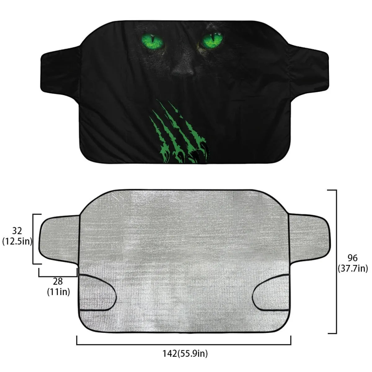 Car front snow protection cover made from silver aluminum foam fabric with black lanyard ties.