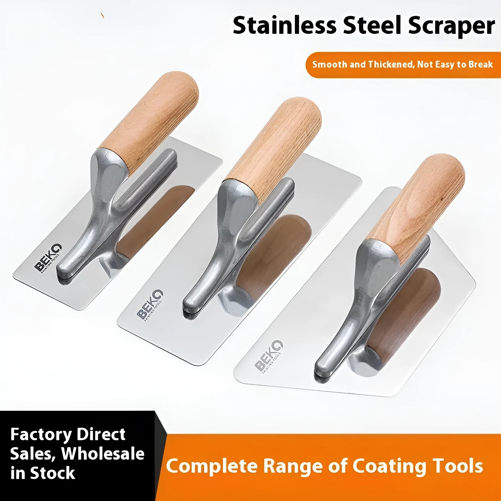 Stainless steel decorative putty scraper with wooden handle showing three blade size options