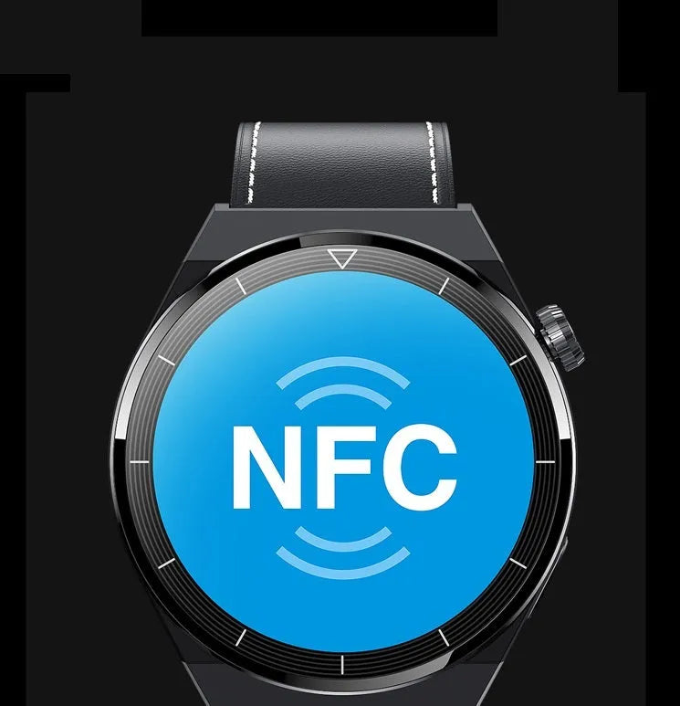 Black Android smart watch with round dial and silicone strap, displaying a watch face on its 1.36-inch screen.