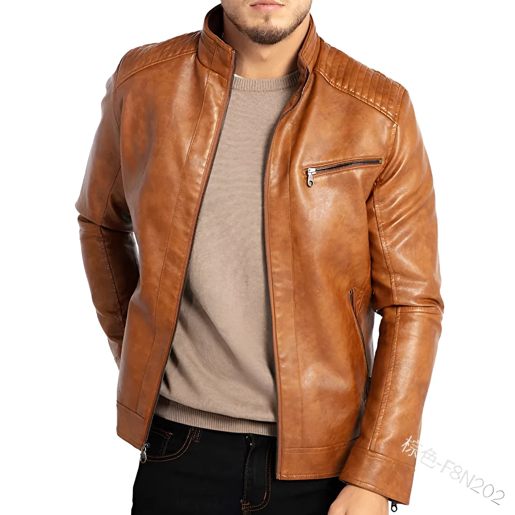 Men's punk style artificial leather biker jacket in Army Green with stand collar and patch pockets