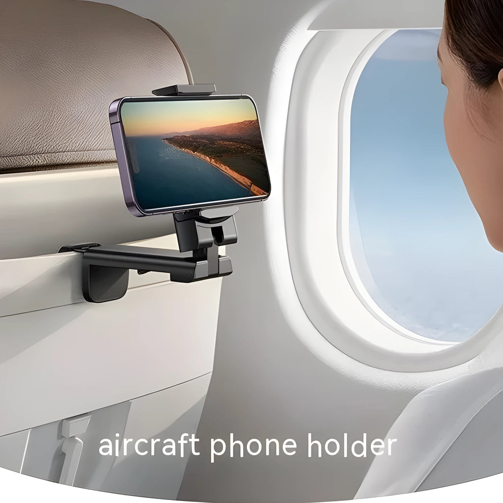 Foldable rotating phone holder in black, extended to full 20cm height with phone secured