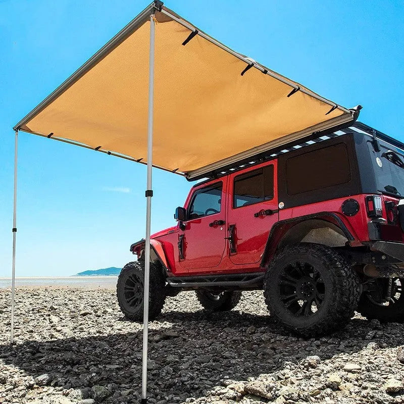 Black glue rainproof car sunshade tent with aluminium alloy poles showing two-room structure and side cloth option