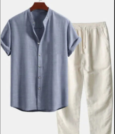 Men's slim fit floral print cardigan and trousers suit set in green and blue colours.