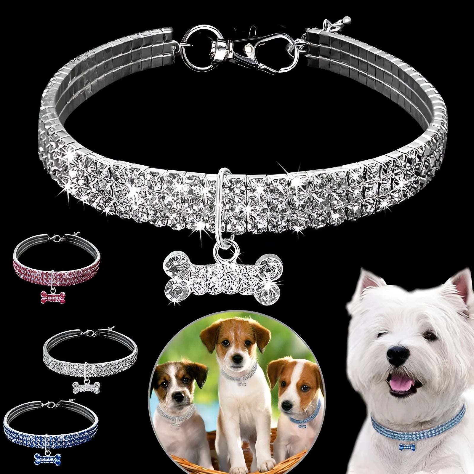 Bling rhinestone dog collar with crystal pendant on a small dog, blue colour, adjustable size S