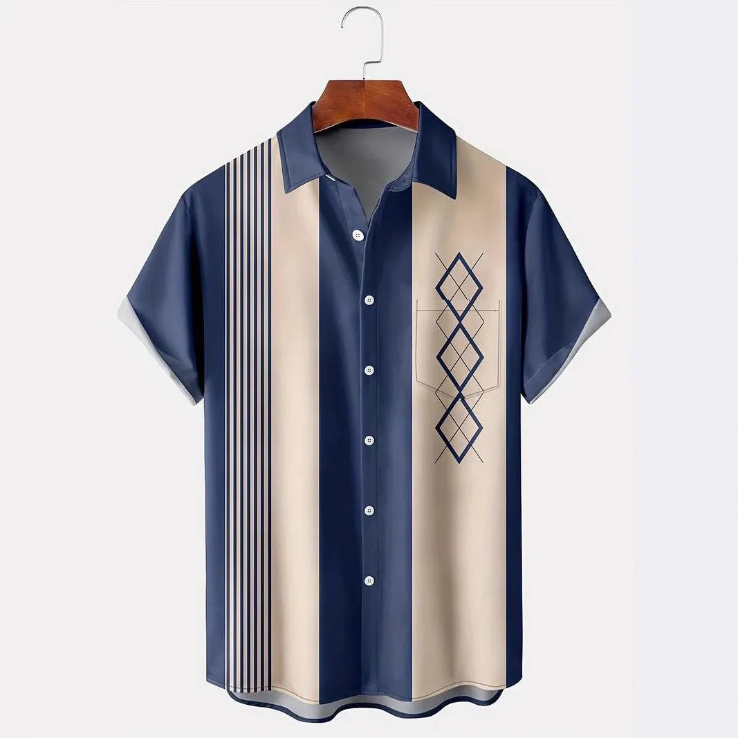 Man wearing a loose-fit short sleeve plaid shirt with lapel collar in contrasting colours.