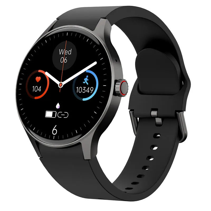 Black Bluetooth sport watch with a round touch screen on a wrist.