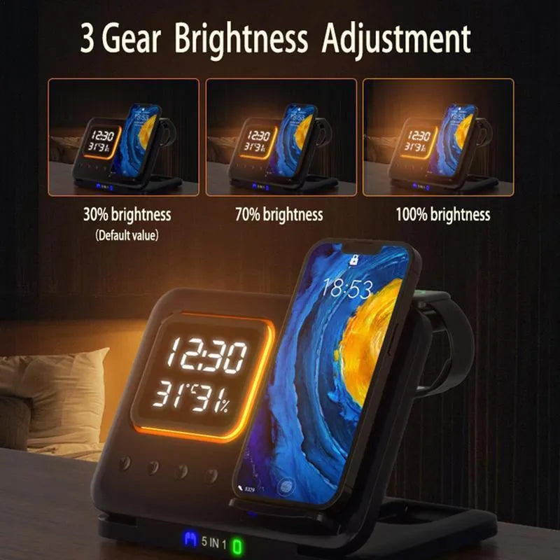Black and white foldable wireless charging station with digital clock displaying time and temperature