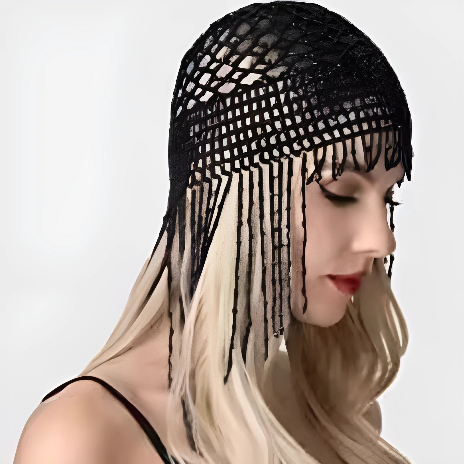 Handmade alloy belly dance hat with decorative mesh in silver or black options and 16.5cm tassels