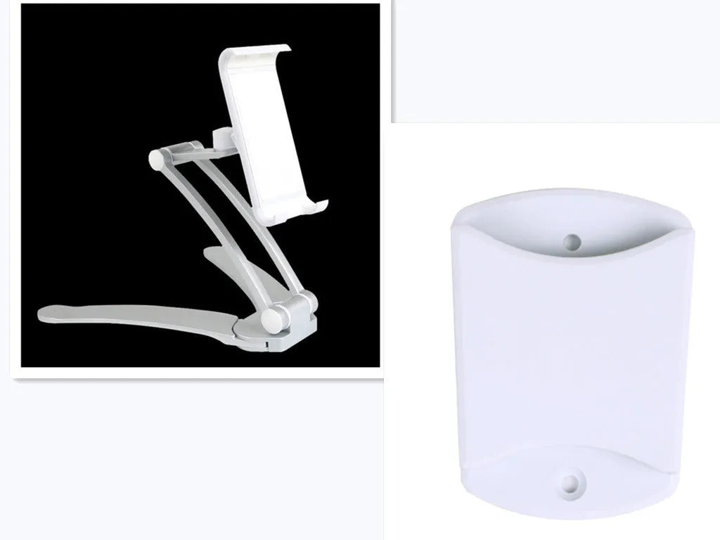 Silver aluminium alloy tablet stand holding a tablet, showing its 360-degree adjustable hinge and chuck system.