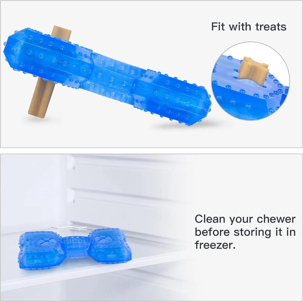 Freezable bone-shaped and circle-shaped dog chew toy for cooling and teething relief.
