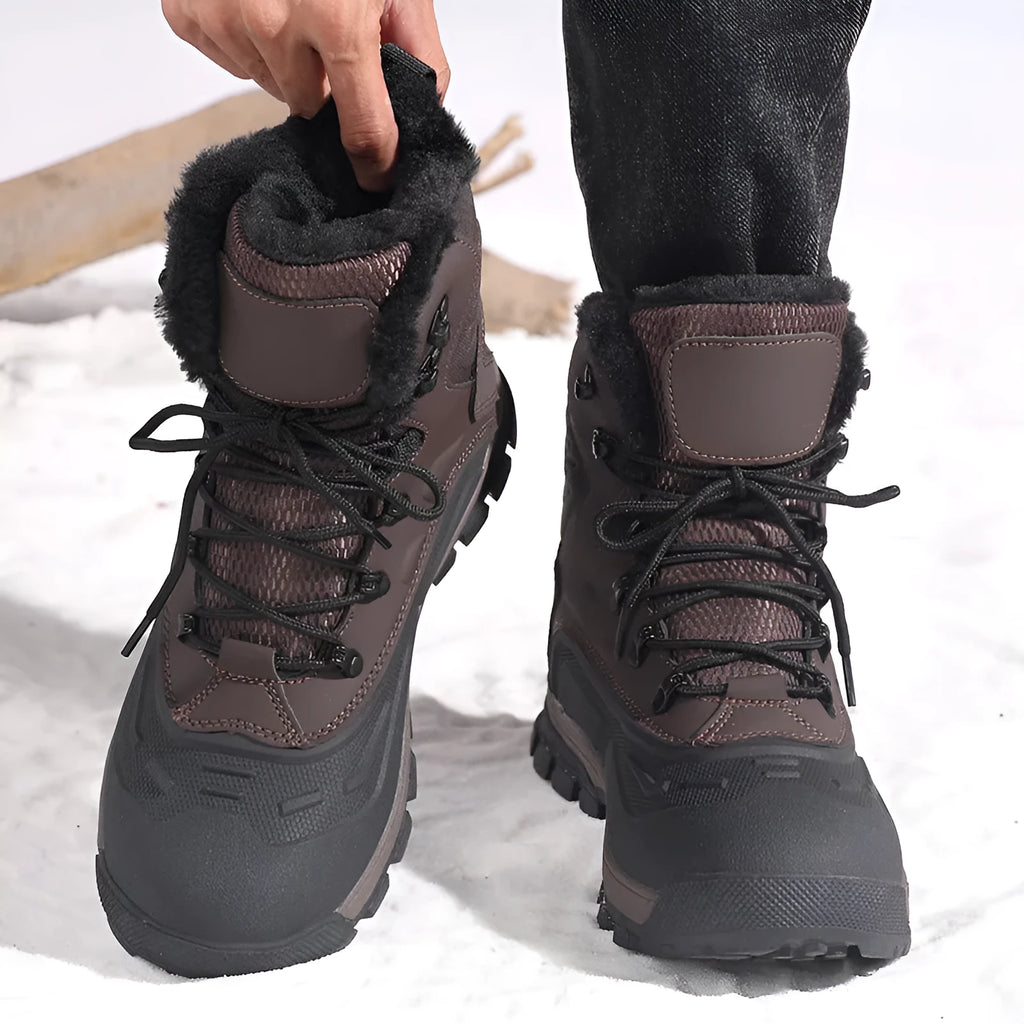 Men's black high-top lace-up boots with fleece lining, shown on a flat heel with a ribbed TPR sole.