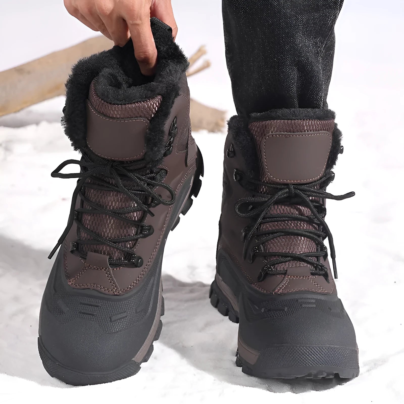 Men's black high-top lace-up boots with fleece lining, shown on a flat heel with a ribbed TPR sole.
