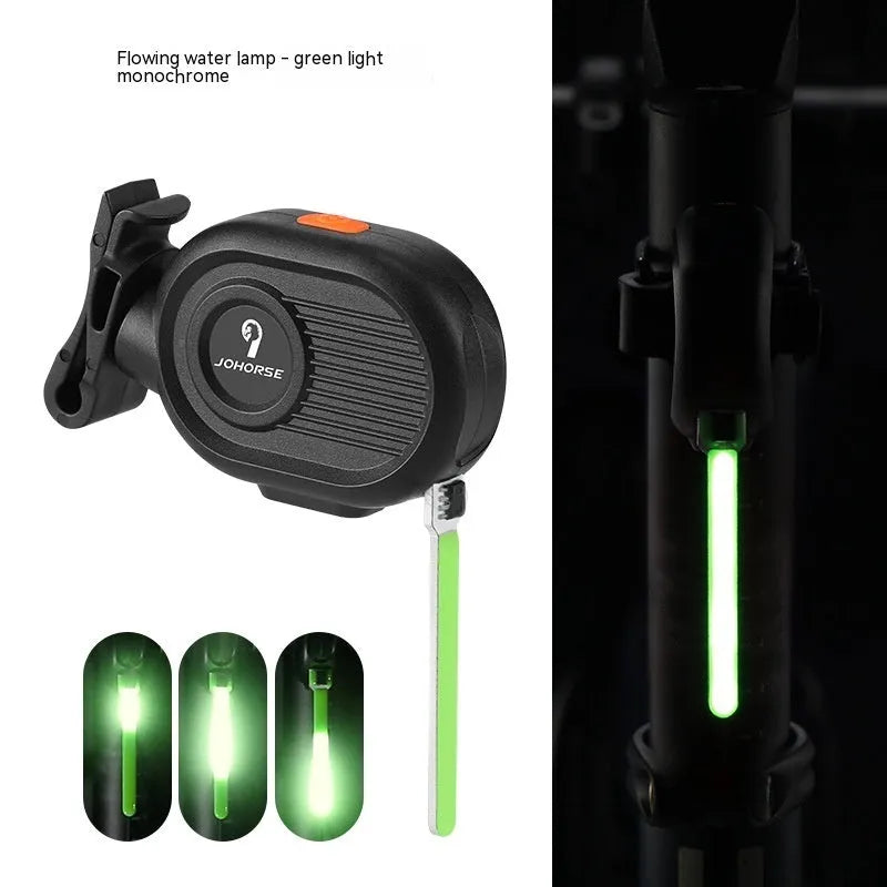 Bicycle running water taillight with COB LED showing waterfall effect in multiple colours