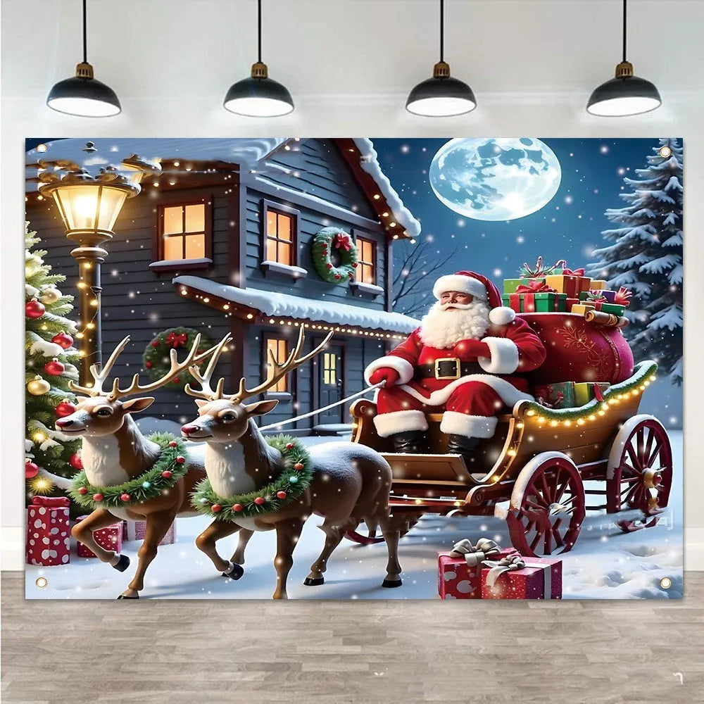 Red Christmas banner with Santa Claus print measuring 210cm wide by 150cm high
