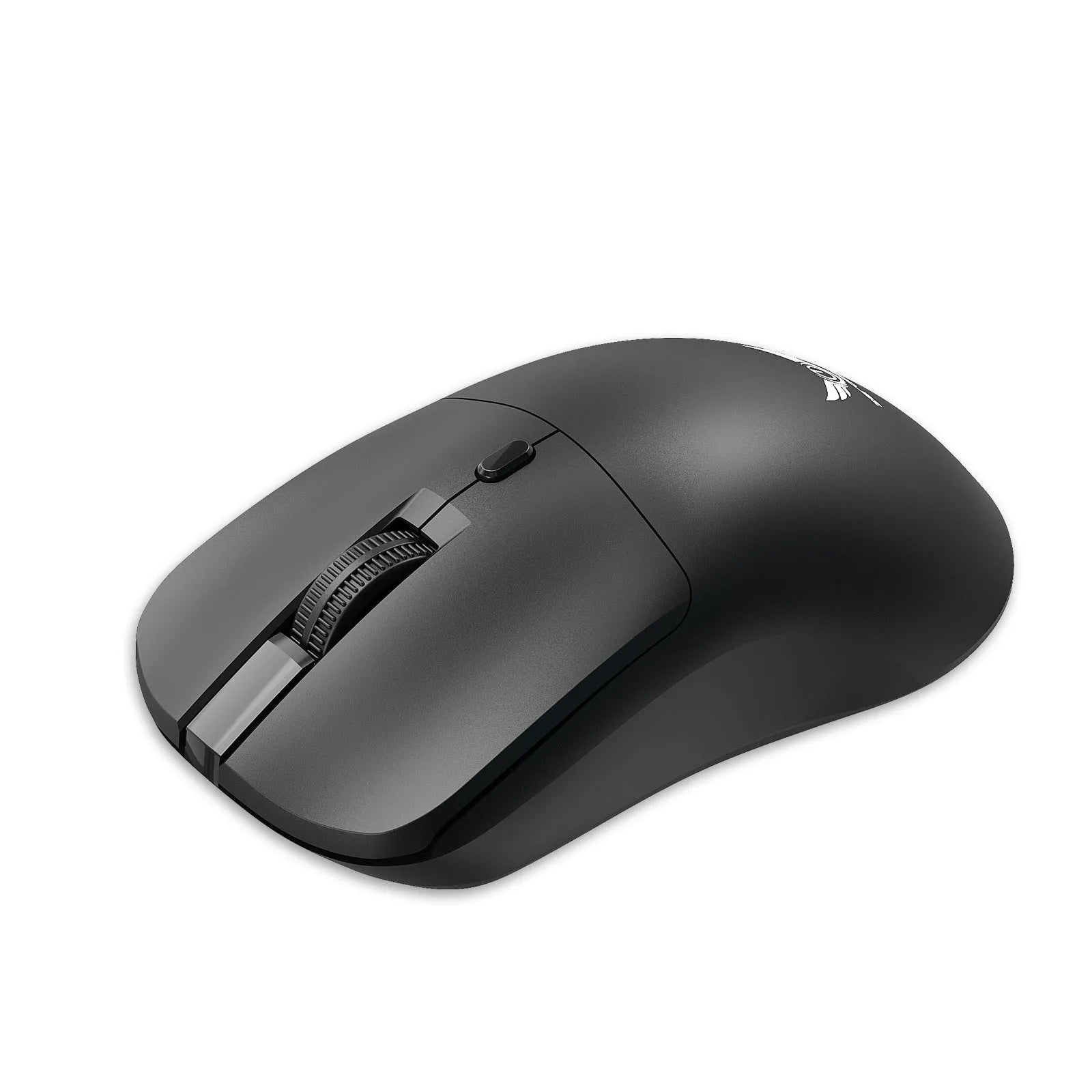 Black wireless laptop mouse with three-gear audio button shown on desk