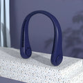 Blue USB rechargeable bladeless neck fan being worn, showing its lightweight design and adjustable controls.