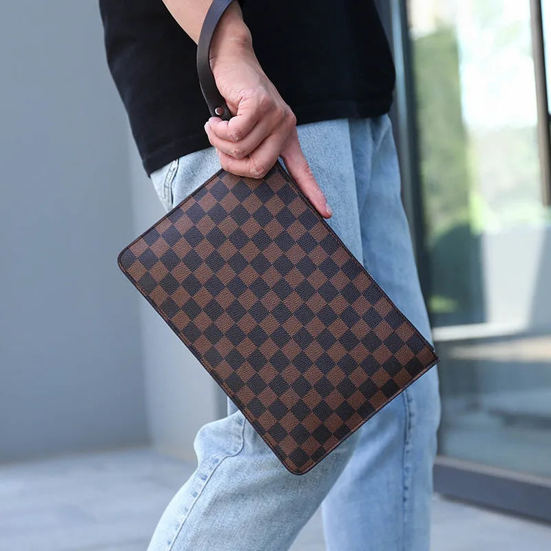Men's soft PU leather clutch wallet open, showing six card slots, a bill compartment, and a zipper pocket.