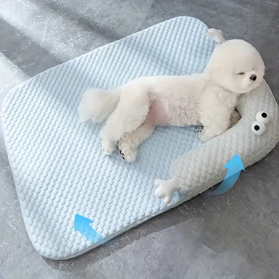 Blue monster design non-slip pet cooling bed for large dogs on a wooden floor.