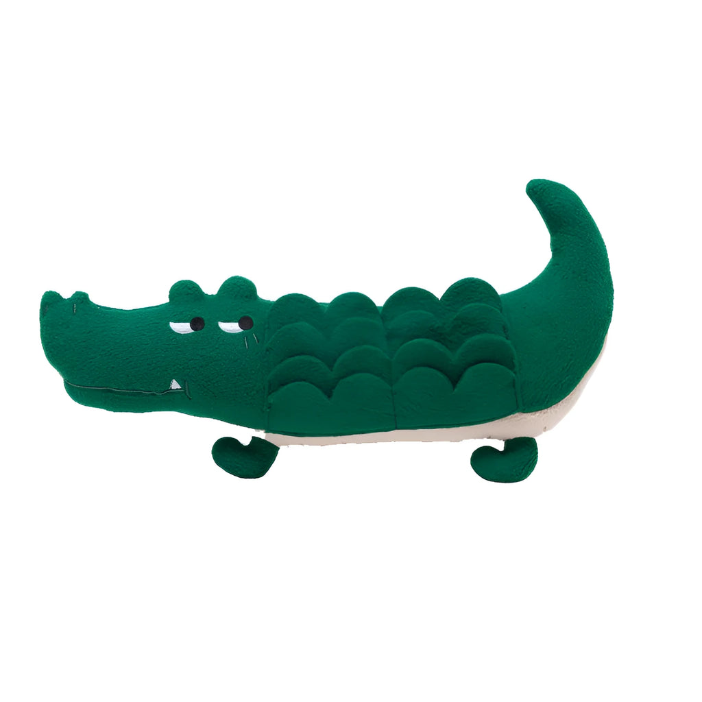 Green plush toy dog measuring 35cm long with soft fabric and interactive features