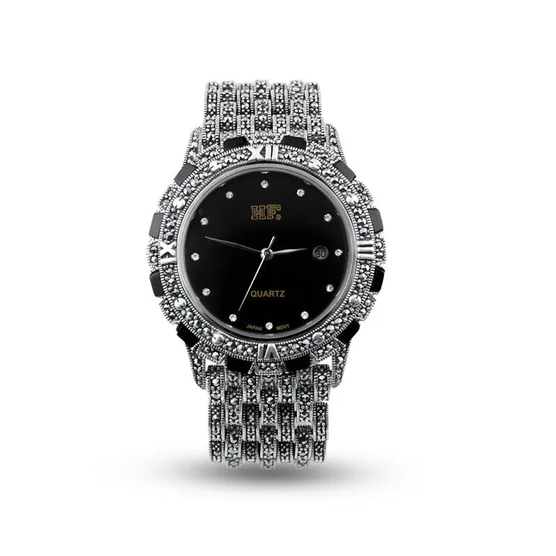 Quartz movement luxury romantic watch with metal strap, round dial, and jewellery buckle in black plate