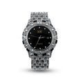 Quartz movement luxury romantic watch with metal strap, round dial, and jewellery buckle in black plate