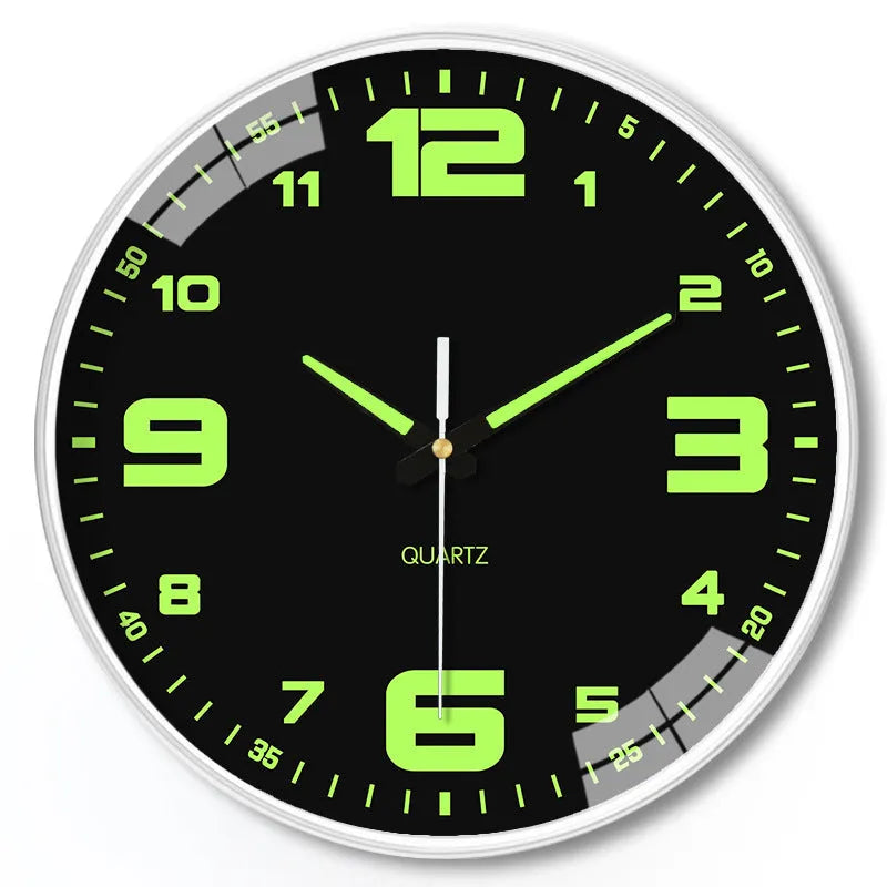 8 inch diameter modern wall clock with luminous hands on a wall.