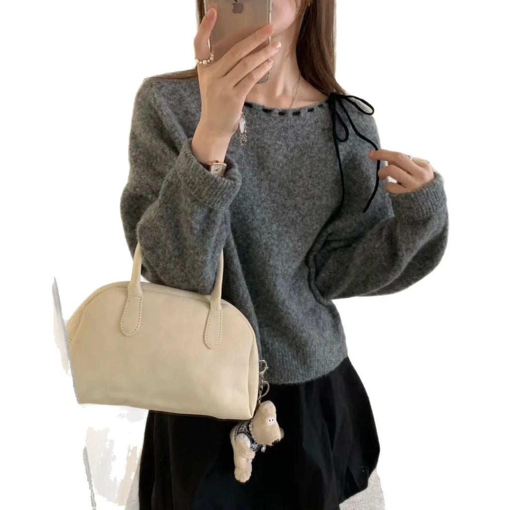 Women's grey loose-fitting knitwear pullover sweater in regenerated cellulose fibre