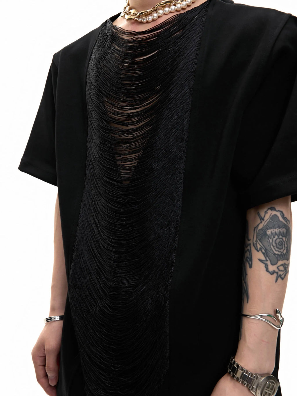 Men's black polyester t-shirt with V-neck hollow out design and loose fit