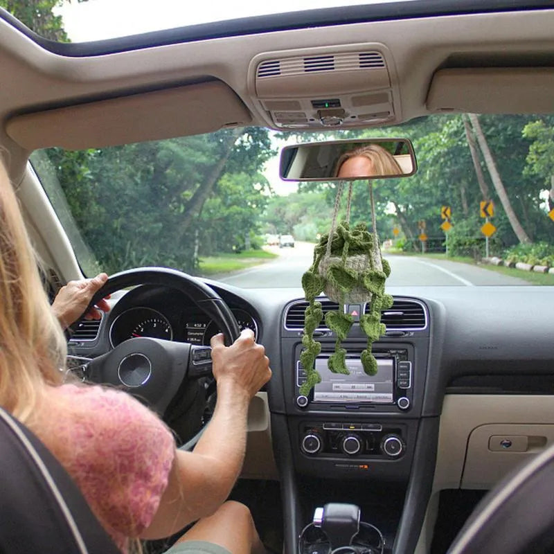 Green and white knitted wool car plant decoration with 8cm base and 25cm rope