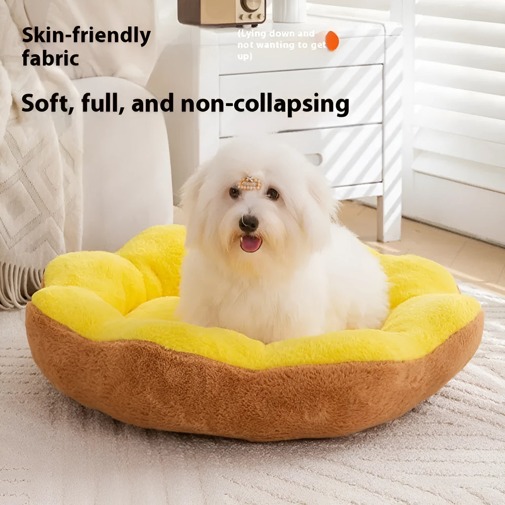 Round rabbit plush cat bed with a detachable washable cover in grey and black colour.