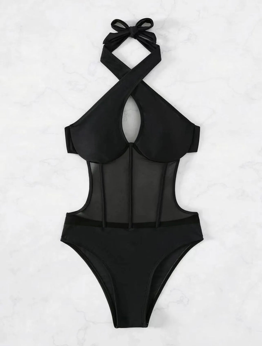 A women's one-piece bikini swimsuit in a nylon-spandex blend, shown in black, rose red, and green colour options.
