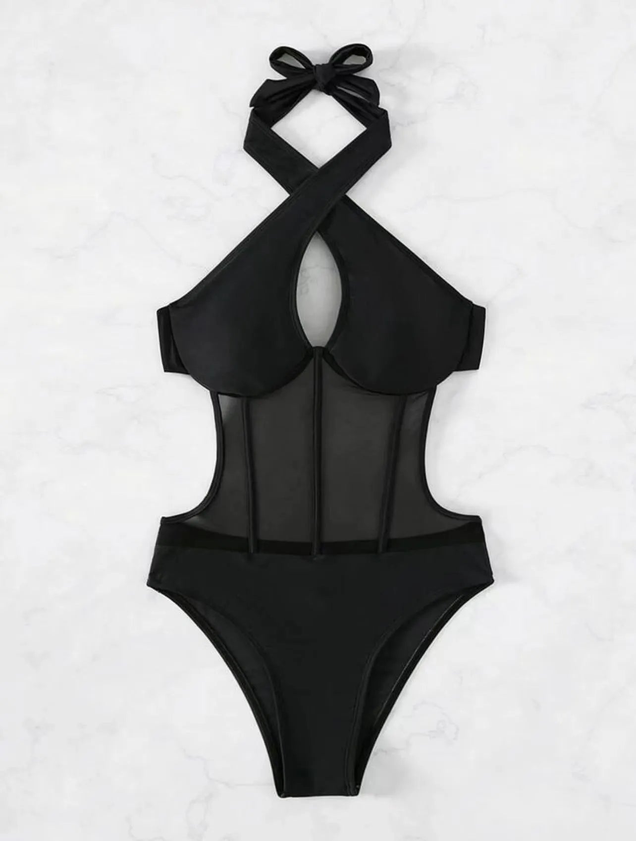 A women's one-piece bikini swimsuit in a nylon-spandex blend, shown in black, rose red, and green colour options.