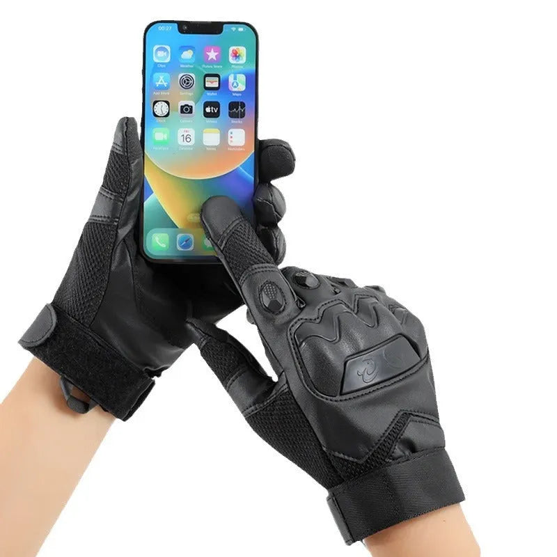 Men's black tactical gloves with full finger coverage showing touch screen compatible fingertips