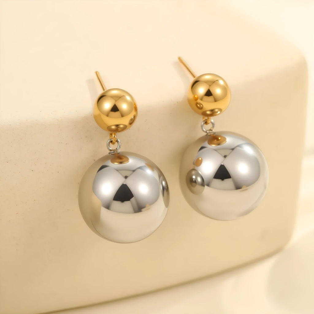 Round beads stainless steel color-block ear studs with 18K gold plated geometric sphere design for women