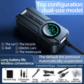 Black portable wireless car air pump with 6000mAh battery, 12V cable, and accessories kit on a grey background.