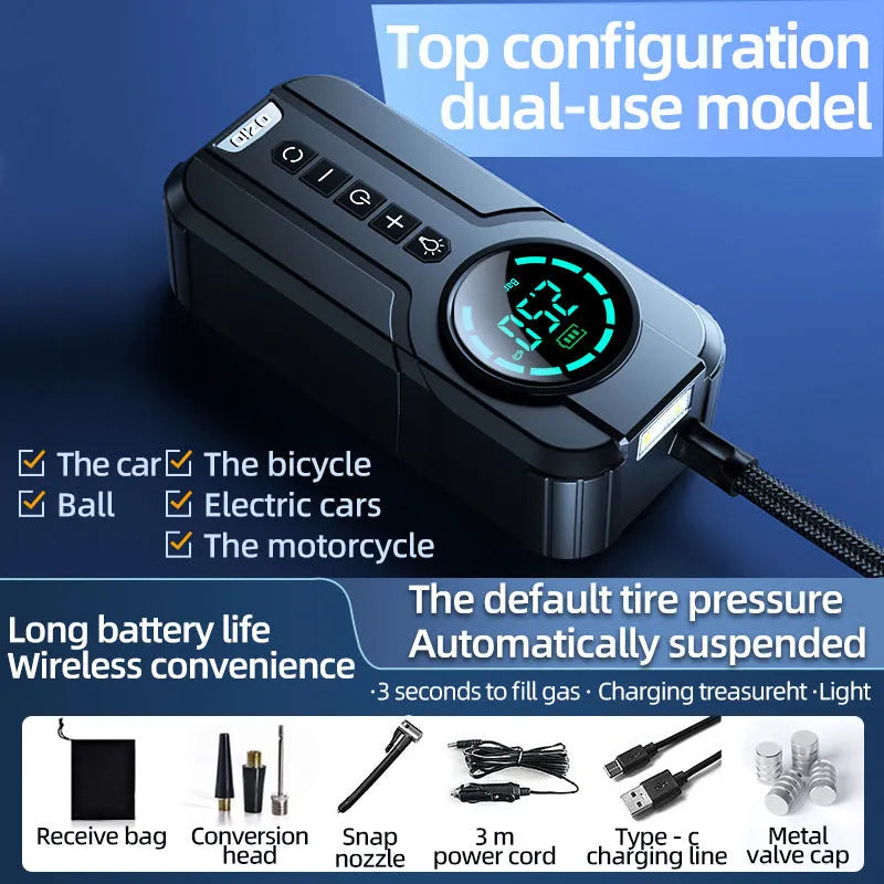 Black portable wireless car air pump with 6000mAh battery, 12V cable, and accessories kit on a grey background.