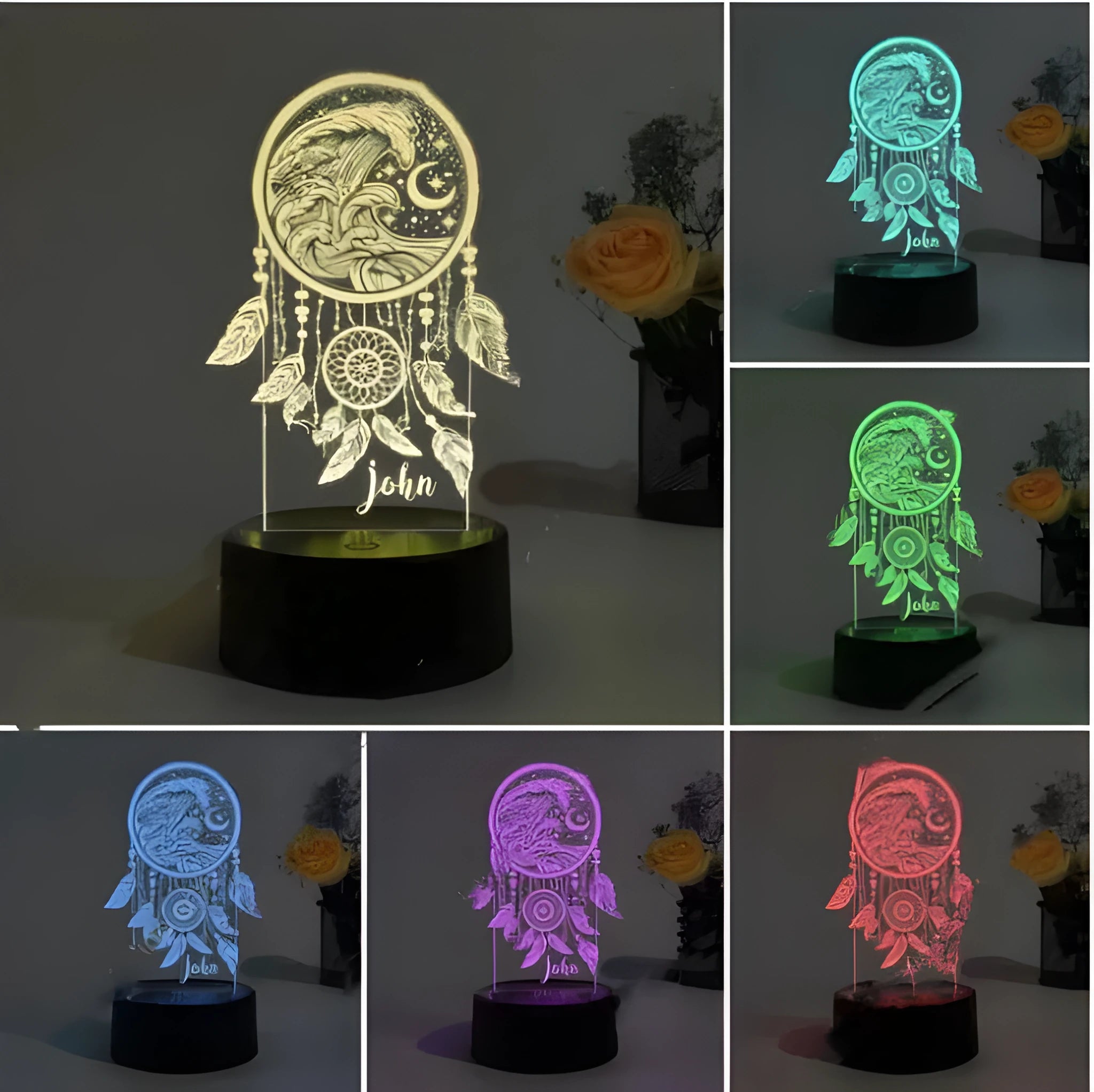 Custom dream catcher USB night light with acrylic shade and black base showing colourful lighting modes