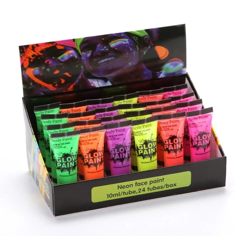Hose 25ml neon face paint tubes in red, yellow, green, purple, orange, and pink colours