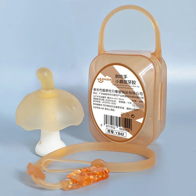 Small mushroom gum chew toy in pink or nano colour with transparent chain and box