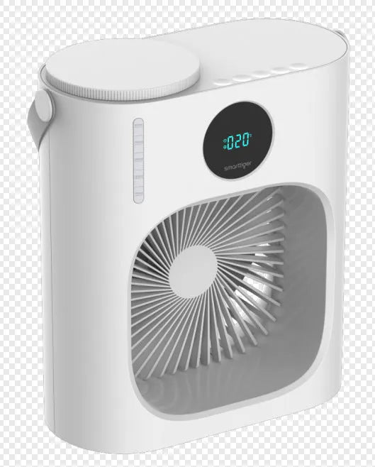 White USB refrigeration air conditioner fan with brushless motor and timing screen display on a desk