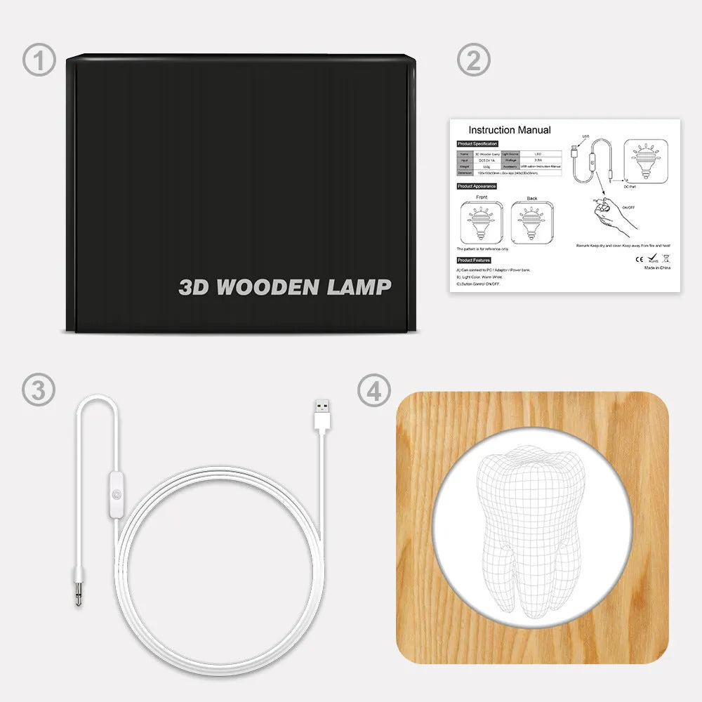 Wood colour tooth-shaped acrylic night light on a surface with USB cable.
