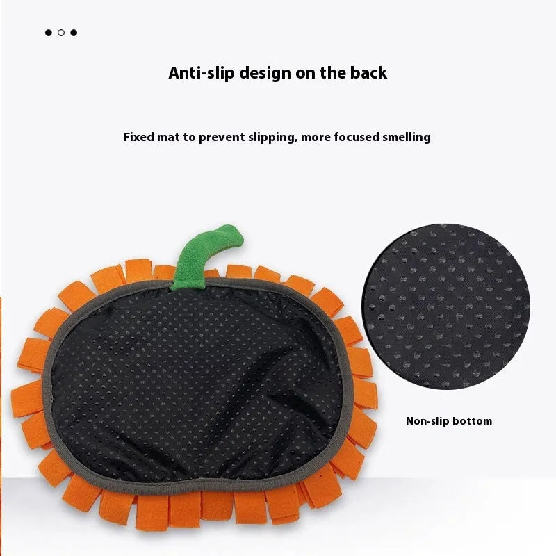 Orange polar fleece pet slow feeder mat with pumpkin-shaped pads for dog or cat food.