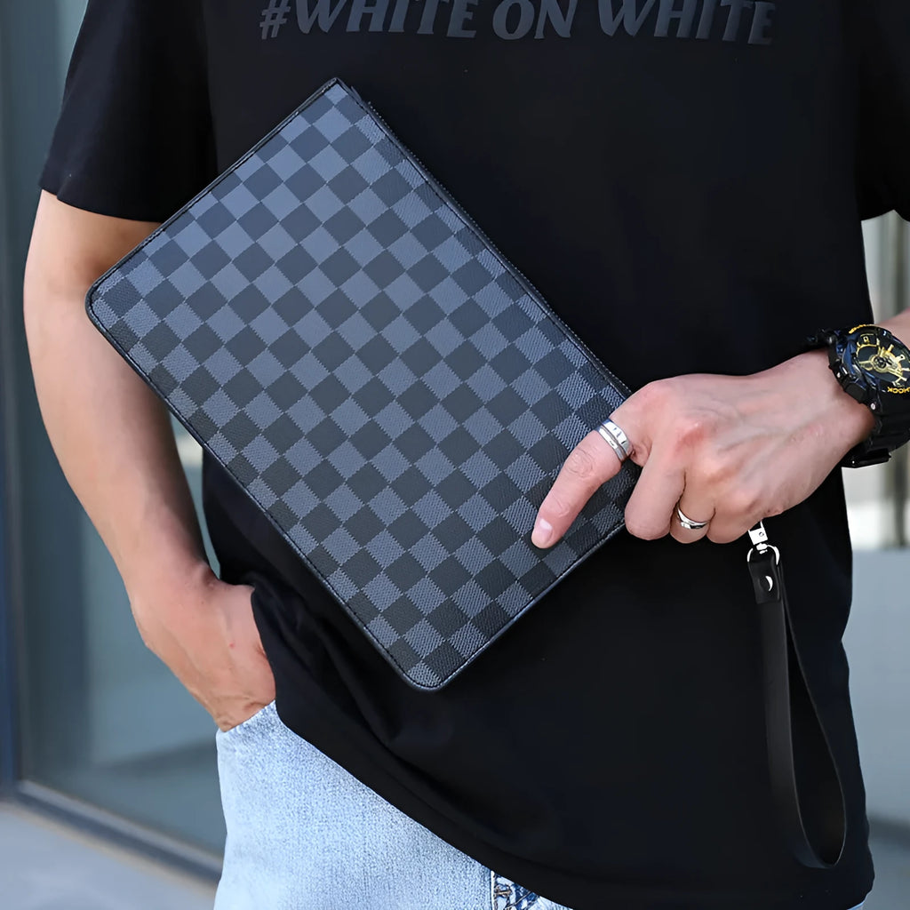 Men's soft PU leather clutch wallet open, showing six card slots, a bill compartment, and a zipper pocket.