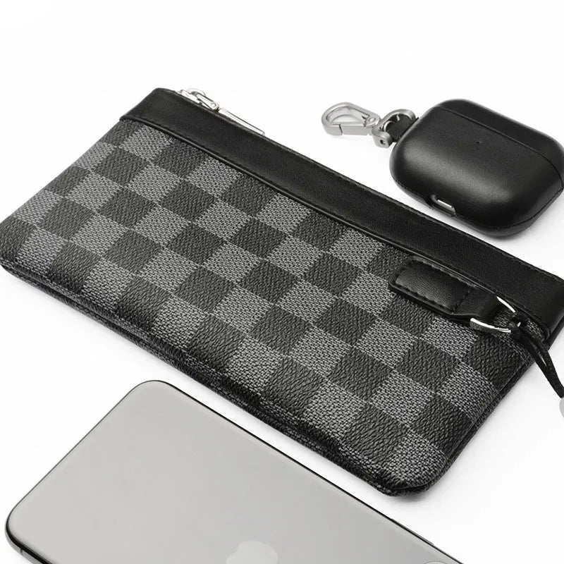Men's black leather clutch wallet made from genuine cowhide measuring 20cm by 10cm