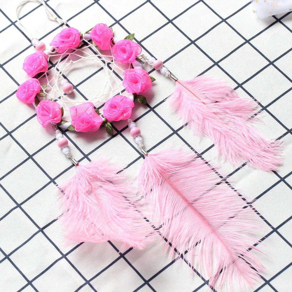 Pink ostrich feather dreamcatcher wind chime wall ornament 10cm