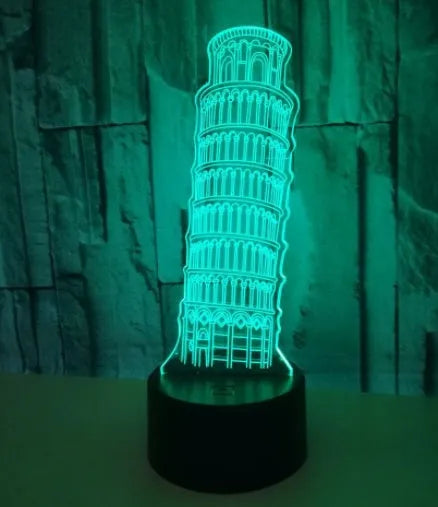 Leaning Tower of Pisa 3D acrylic LED nightlight on black base with multi-coloured illumination.