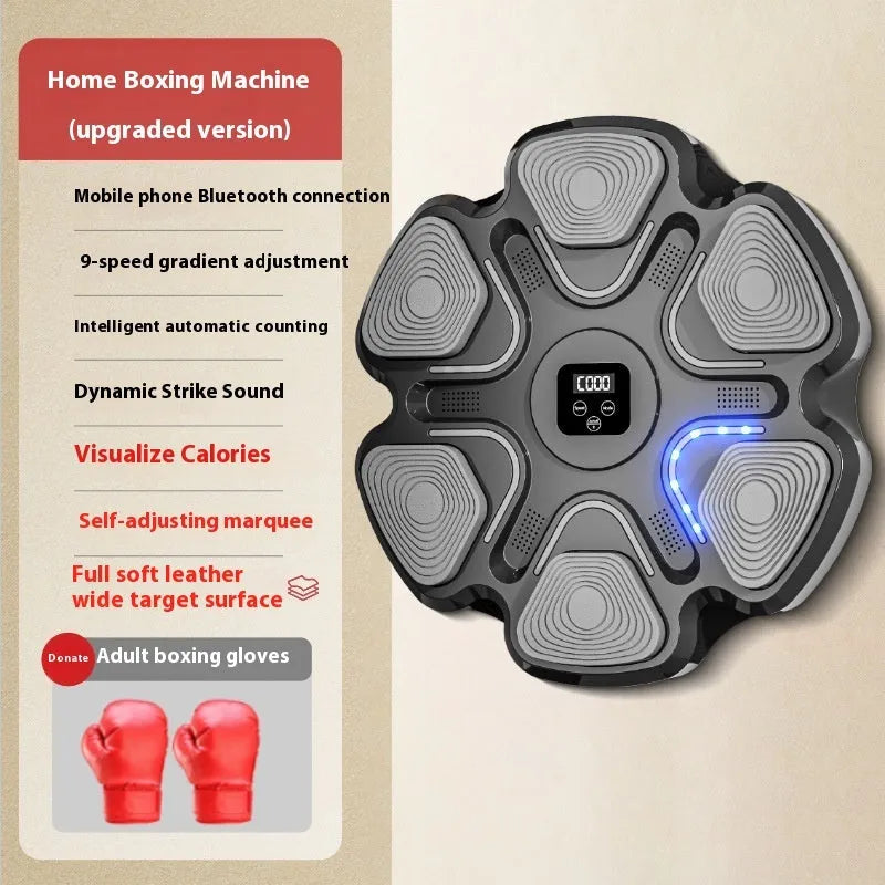 Smart electronic boxing wall target with lights, paired with black and white smart music focus gloves for adults and children.