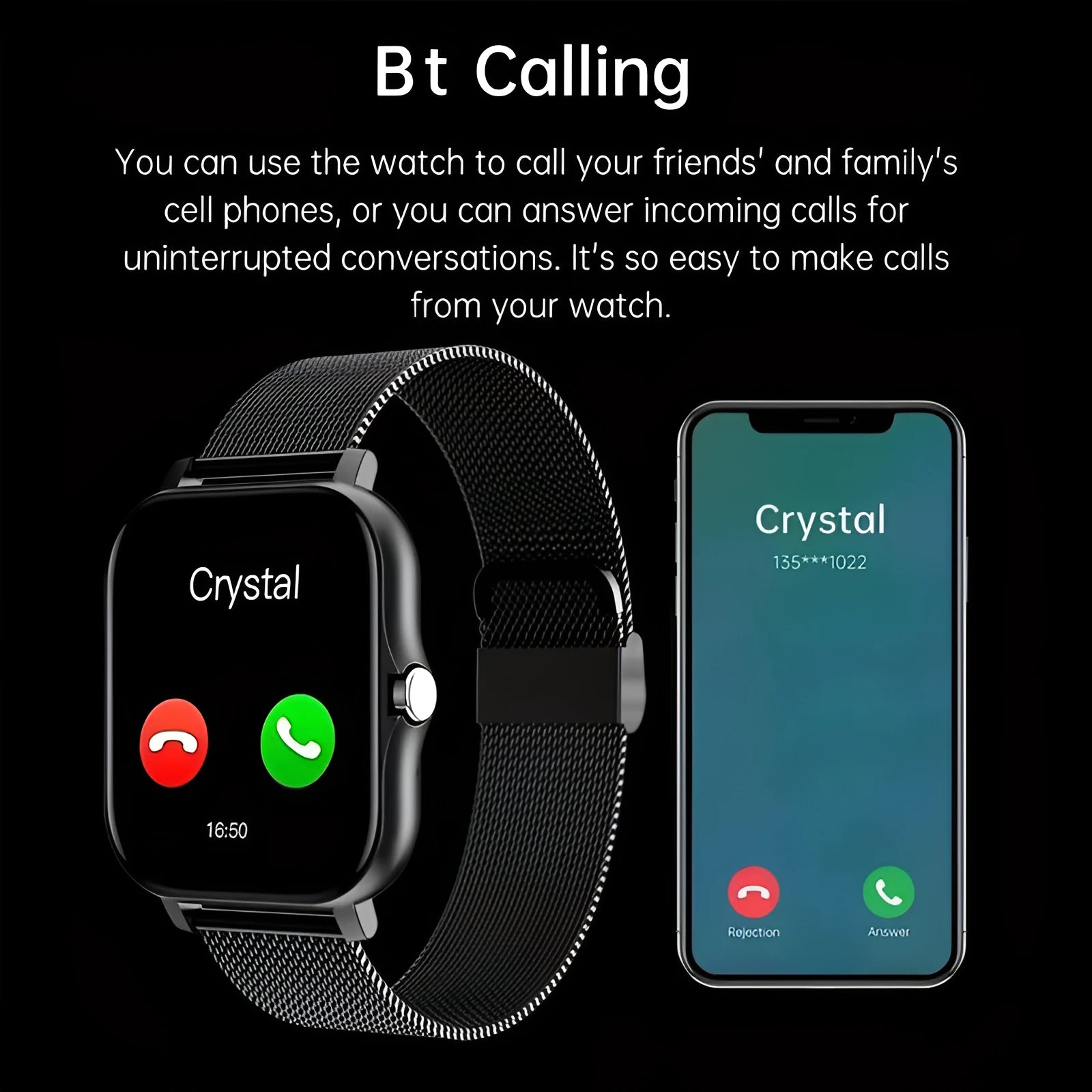 Smart watch with full touch screen and silicone strap in various colours showing Bluetooth calling and fitness tracking features