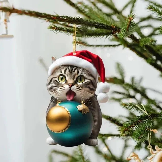 Cartoon style creative kitty Christmas ornament hanging in a car, made from clear acrylic.