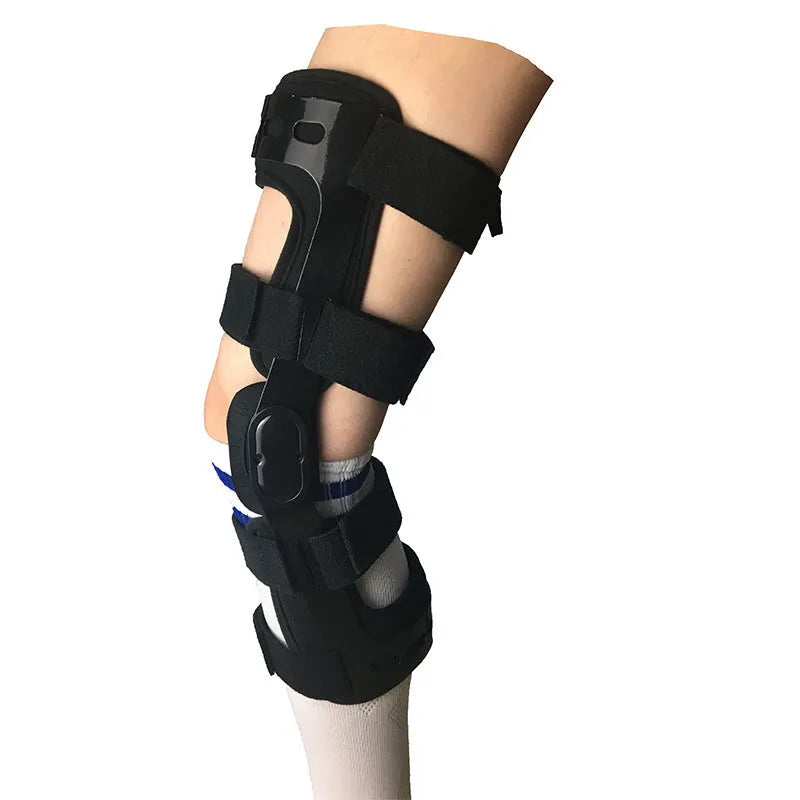Black anterior ligament knee pad supporter showing side-specific sizing options.